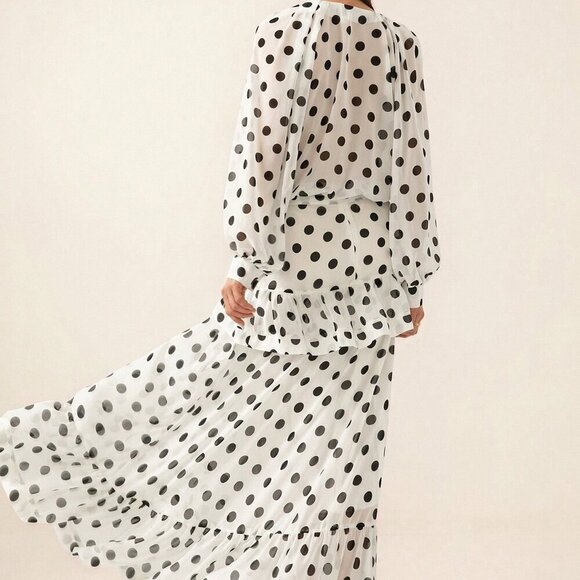 Elegant Women's Polka Dot Bowknot Flare Sleeve Ruffle top & Maxi skirt set - Picture 2 of 7